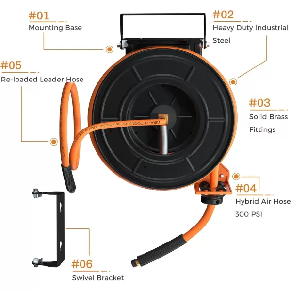 Giraffe Tools TA10B Air Hose Reel 25 ft Retractable Wall Mount Air Compressor Heavy Duty Steel Auto Rewind 300PSI, 25ft, Tangelo