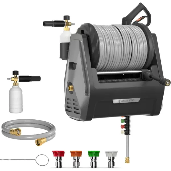 Giraffe Tools Grandfalls Pressure Washer, Electric Wall Mount Power Washer with 100FT Replaceable Pressure Hose, 2400 PSI, 2.0GPM, Foam Cannon, 4-Nozzles for Cars/Patios/Driveways/Patios, Dark Silver