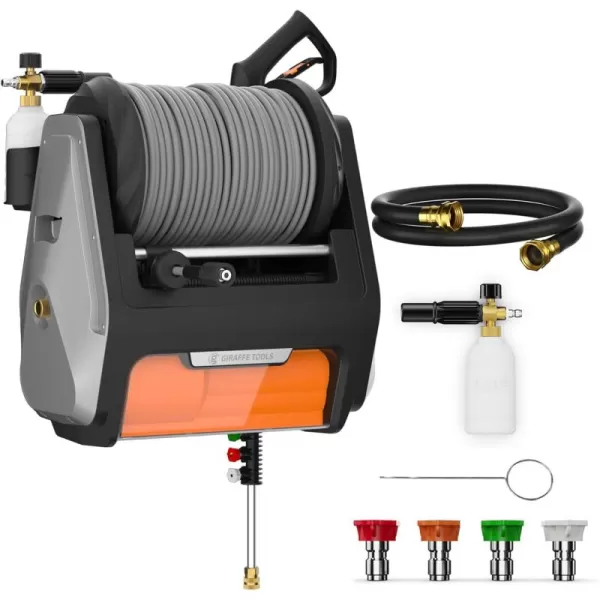 Giraffe Tools Grandfalls Pressure Washer, Electric Wall Mounted Power Washer with 100FT Retractable Hose, Soap Tank and 4-Nozzle Set, Dark Silver