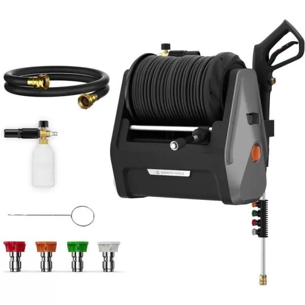 Giraffe Tools Grandfalls Pressure Washer, Electric Wall Mounted Power Washer with 100FT Retractable Hose, Soap Tank and 4-Nozzle Set, Dark Silver