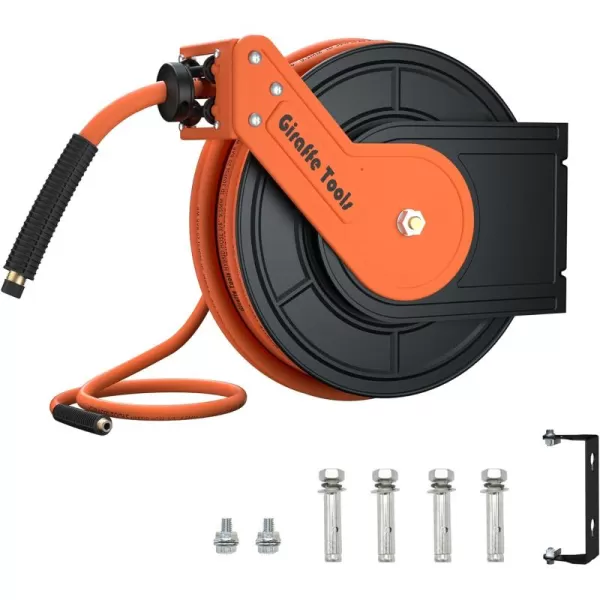 Giraffe Tools TA10B Air Hose Reel 25 ft Retractable Wall Mount Air Compressor Heavy Duty Steel Auto Rewind 300PSI, 25ft, Tangelo