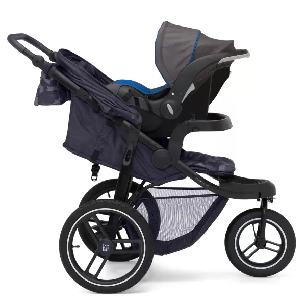 babyGap Trek Jogging Stroller - Lightweight Jogging Stoller with Extendable Canopy &amp; Reclining Seat - Includes Car Seat Adapter - Made with Sustainable Materials, Navy Camo