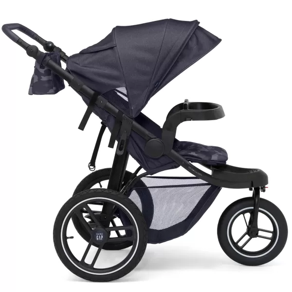 babyGap Trek Jogging Stroller - Lightweight Jogging Stoller with Extendable Canopy &amp; Reclining Seat - Includes Car Seat Adapter - Made with Sustainable Materials, Navy Camo