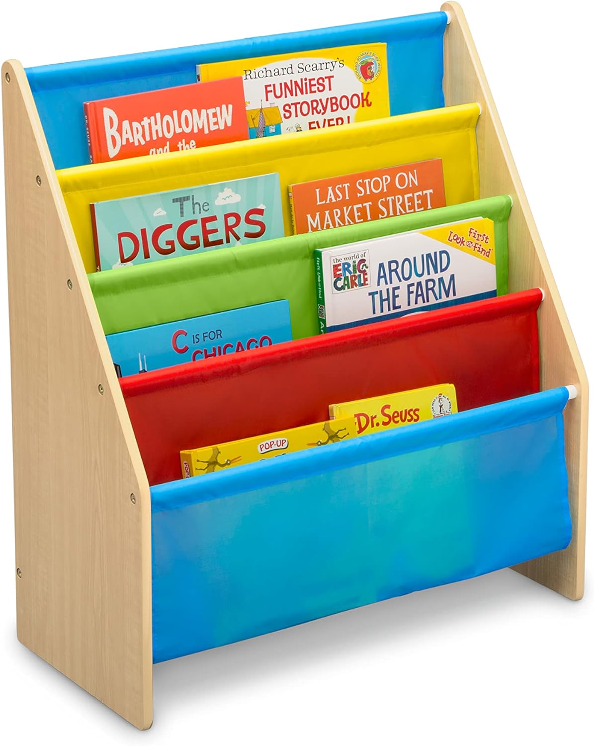 Sling Book Rack Bookshelf for Kids - Easy-to-Reach Storage for Books, Magazines or Coloring Books - Ideal for Playrooms &amp; Homeschooling - Greenguard Gold Certified, Grey/Blue