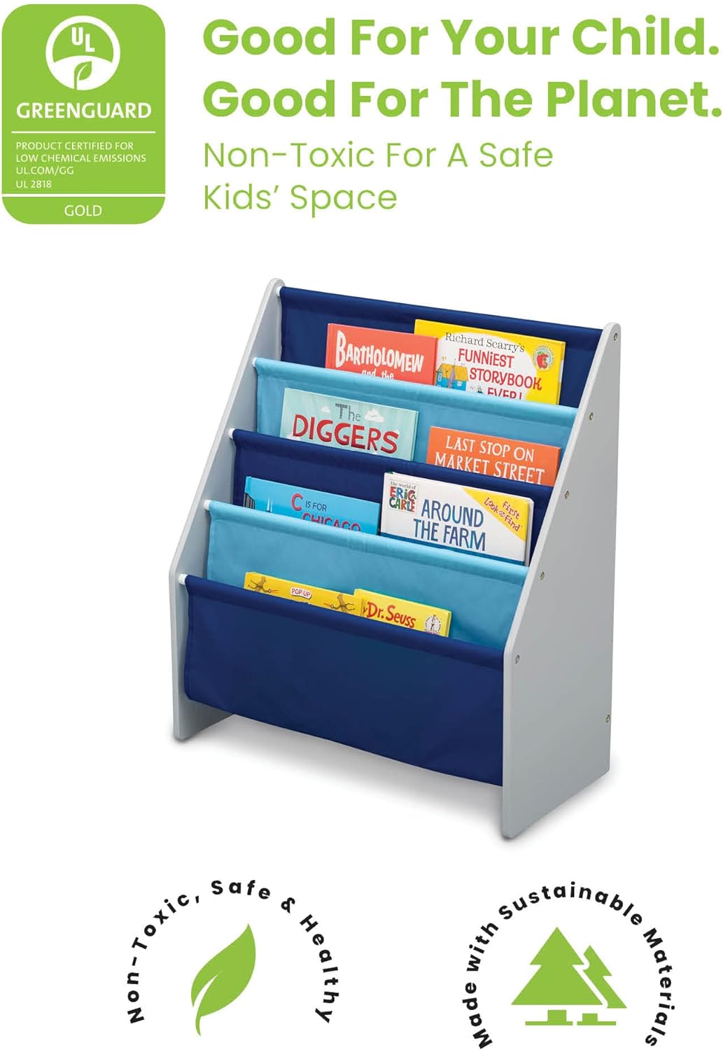 Sling Book Rack Bookshelf for Kids - Easy-to-Reach Storage for Books, Magazines or Coloring Books - Ideal for Playrooms &amp; Homeschooling - Greenguard Gold Certified, Grey/Blue