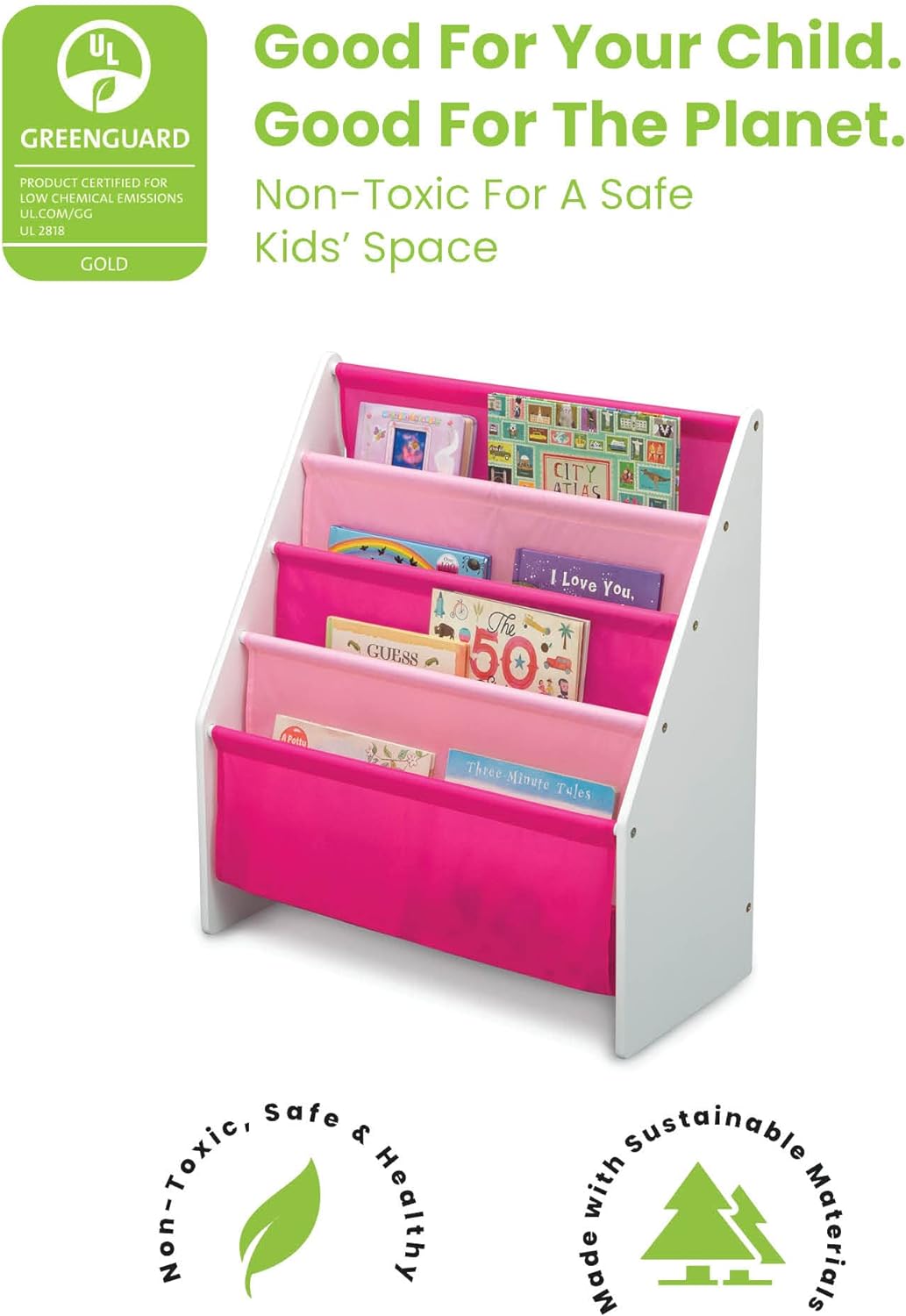 Sling Book Rack Bookshelf for Kids - Easy-to-Reach Storage for Books, Magazines or Coloring Books - Ideal for Playrooms &amp; Homeschooling - Greenguard Gold Certified, Grey/Blue