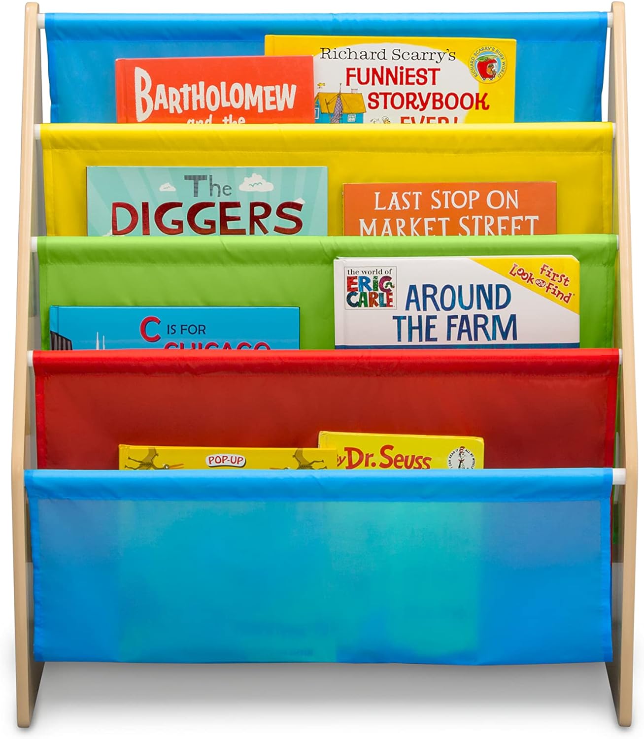 Sling Book Rack Bookshelf for Kids - Easy-to-Reach Storage for Books, Magazines or Coloring Books - Ideal for Playrooms &amp; Homeschooling - Greenguard Gold Certified, Grey/Blue