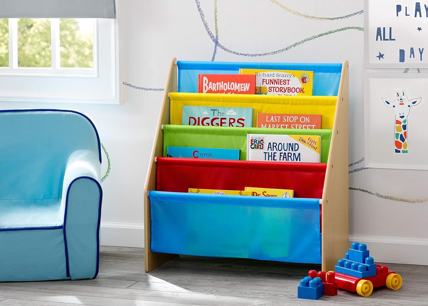 Sling Book Rack Bookshelf for Kids - Easy-to-Reach Storage for Books, Magazines or Coloring Books - Ideal for Playrooms &amp; Homeschooling - Greenguard Gold Certified, Grey/Blue