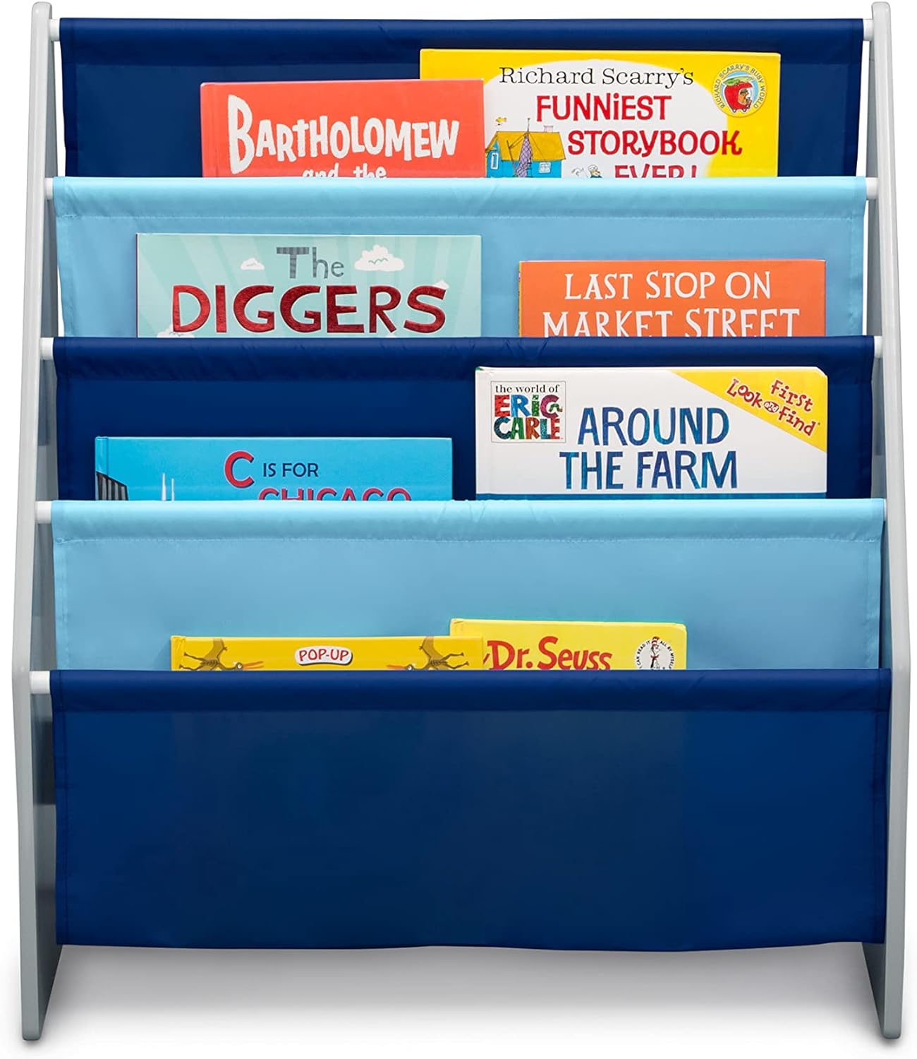 Sling Book Rack Bookshelf for Kids - Easy-to-Reach Storage for Books, Magazines or Coloring Books - Ideal for Playrooms &amp; Homeschooling - Greenguard Gold Certified, Grey/Blue