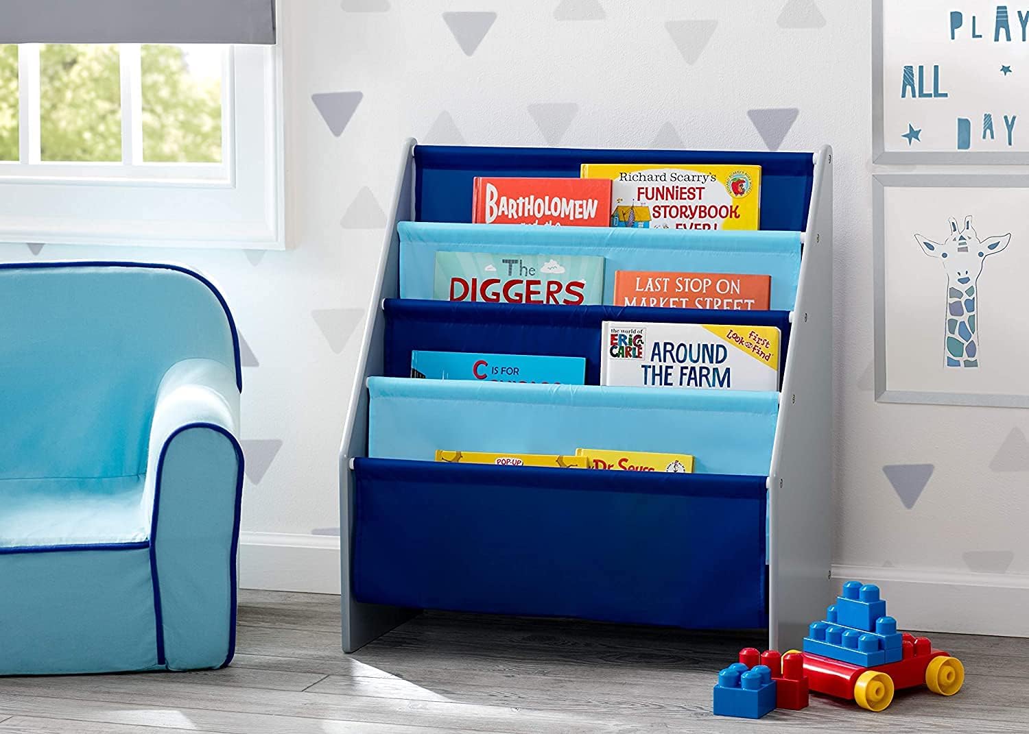 Sling Book Rack Bookshelf for Kids - Easy-to-Reach Storage for Books, Magazines or Coloring Books - Ideal for Playrooms &amp; Homeschooling - Greenguard Gold Certified, Grey/Blue
