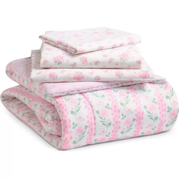 4 Piece Toddler Bedding Set for Girls - Reversible 2-in-1 Comforter - Includes Fitted Comforter to Keep Little Ones Snug, Bottom Sheet, Top Sheet, Pillow Case - Purple Stars Night
