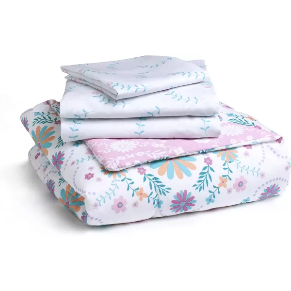 4 Piece Toddler Bedding Set for Girls - Reversible 2-in-1 Comforter - Includes Fitted Comforter to Keep Little Ones Snug, Bottom Sheet, Top Sheet, Pillow Case - Purple Stars Night