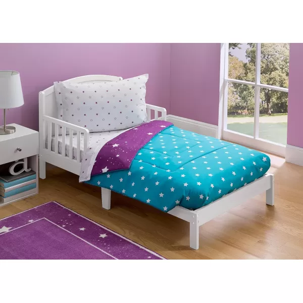 4 Piece Toddler Bedding Set for Girls - Reversible 2-in-1 Comforter - Includes Fitted Comforter to Keep Little Ones Snug, Bottom Sheet, Top Sheet, Pillow Case - Purple Stars Night