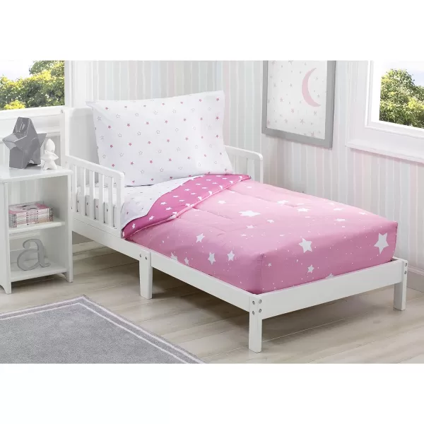 4 Piece Toddler Bedding Set for Girls - Reversible 2-in-1 Comforter - Includes Fitted Comforter to Keep Little Ones Snug, Bottom Sheet, Top Sheet, Pillow Case - Purple Stars Night