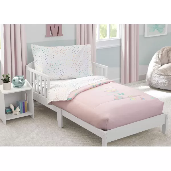 4 Piece Toddler Bedding Set for Girls - Reversible 2-in-1 Comforter - Includes Fitted Comforter to Keep Little Ones Snug, Bottom Sheet, Top Sheet, Pillow Case - Purple Stars Night