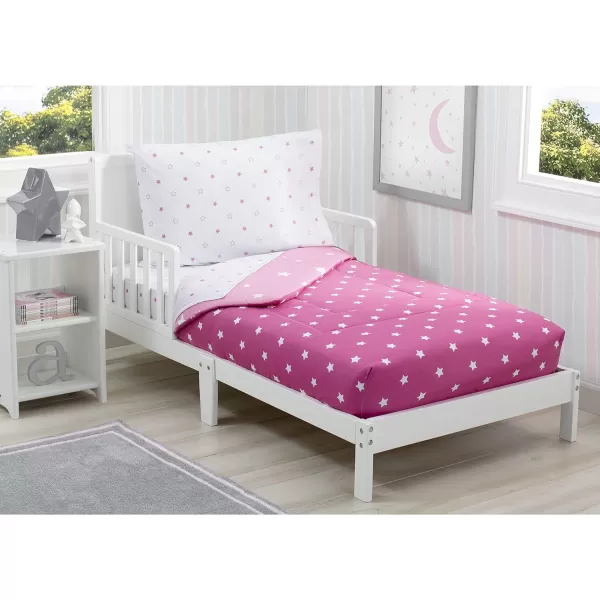 4 Piece Toddler Bedding Set for Girls - Reversible 2-in-1 Comforter - Includes Fitted Comforter to Keep Little Ones Snug, Bottom Sheet, Top Sheet, Pillow Case - Purple Stars Night