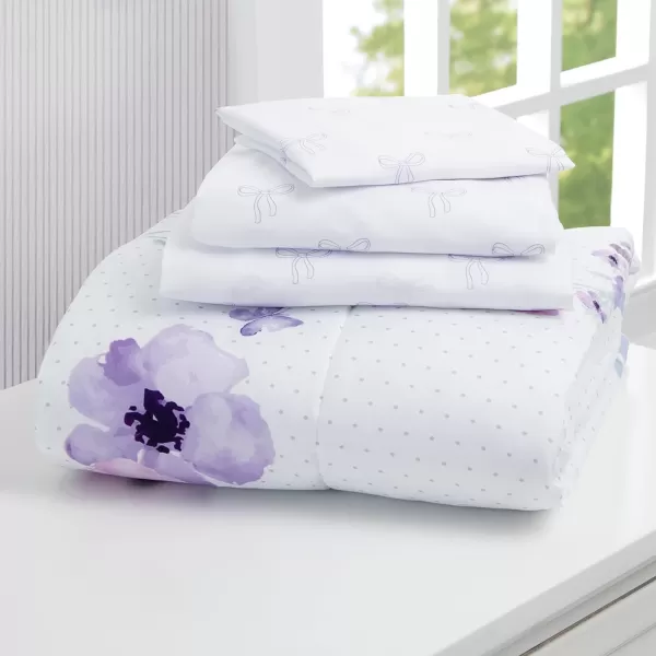 4 Piece Toddler Bedding Set for Girls - Reversible 2-in-1 Comforter - Includes Fitted Comforter to Keep Little Ones Snug, Bottom Sheet, Top Sheet, Pillow Case - Purple Stars Night