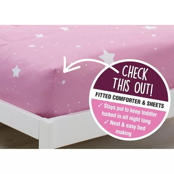 4 Piece Toddler Bedding Set for Girls - Reversible 2-in-1 Comforter - Includes Fitted Comforter to Keep Little Ones Snug, Bottom Sheet, Top Sheet, Pillow Case - Purple Stars Night