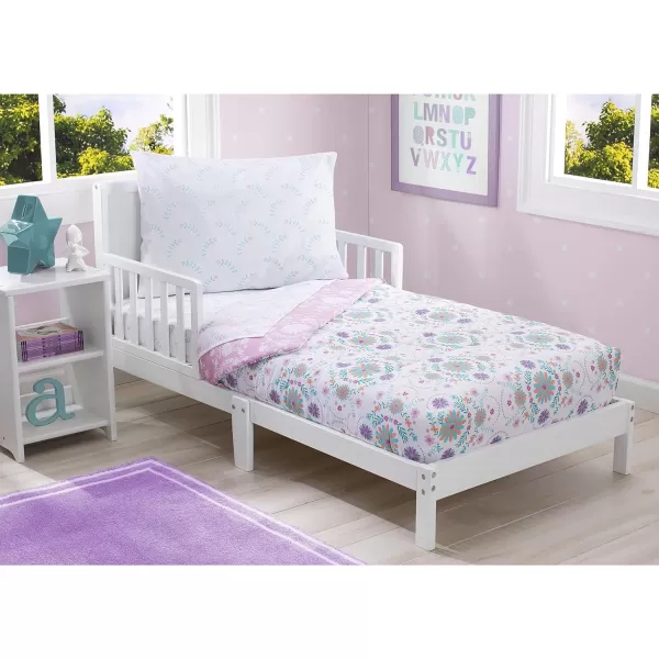 4 Piece Toddler Bedding Set for Girls - Reversible 2-in-1 Comforter - Includes Fitted Comforter to Keep Little Ones Snug, Bottom Sheet, Top Sheet, Pillow Case - Purple Stars Night