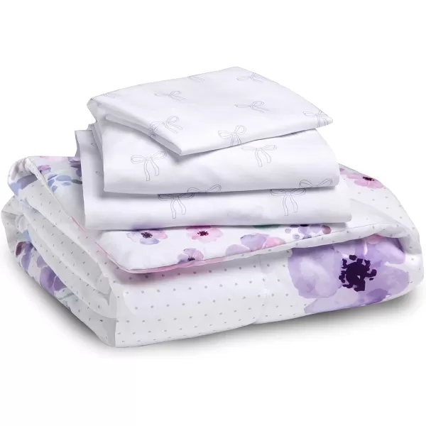 4 Piece Toddler Bedding Set for Girls - Reversible 2-in-1 Comforter - Includes Fitted Comforter to Keep Little Ones Snug, Bottom Sheet, Top Sheet, Pillow Case - Purple Stars Night