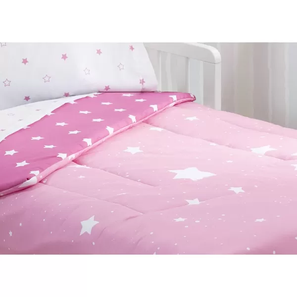 4 Piece Toddler Bedding Set for Girls - Reversible 2-in-1 Comforter - Includes Fitted Comforter to Keep Little Ones Snug, Bottom Sheet, Top Sheet, Pillow Case - Purple Stars Night