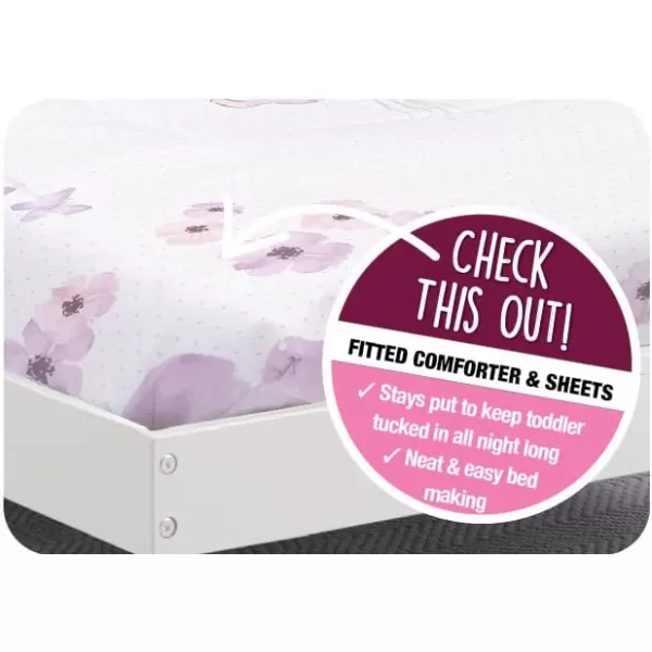 4 Piece Toddler Bedding Set for Girls - Reversible 2-in-1 Comforter - Includes Fitted Comforter to Keep Little Ones Snug, Bottom Sheet, Top Sheet, Pillow Case - Purple Stars Night
