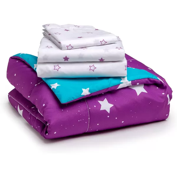 4 Piece Toddler Bedding Set for Girls - Reversible 2-in-1 Comforter - Includes Fitted Comforter to Keep Little Ones Snug, Bottom Sheet, Top Sheet, Pillow Case - Purple Stars Night