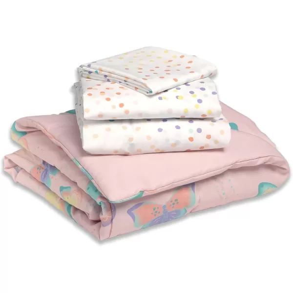 4 Piece Toddler Bedding Set for Girls - Reversible 2-in-1 Comforter - Includes Fitted Comforter to Keep Little Ones Snug, Bottom Sheet, Top Sheet, Pillow Case - Purple Stars Night