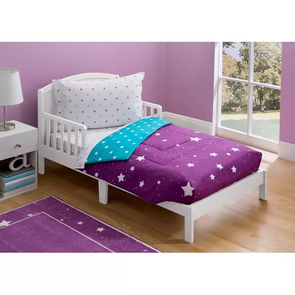 4 Piece Toddler Bedding Set for Girls - Reversible 2-in-1 Comforter - Includes Fitted Comforter to Keep Little Ones Snug, Bottom Sheet, Top Sheet, Pillow Case - Purple Stars Night