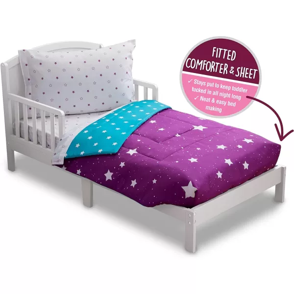 4 Piece Toddler Bedding Set for Girls - Reversible 2-in-1 Comforter - Includes Fitted Comforter to Keep Little Ones Snug, Bottom Sheet, Top Sheet, Pillow Case - Purple Stars Night