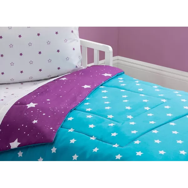 4 Piece Toddler Bedding Set for Girls - Reversible 2-in-1 Comforter - Includes Fitted Comforter to Keep Little Ones Snug, Bottom Sheet, Top Sheet, Pillow Case - Purple Stars Night