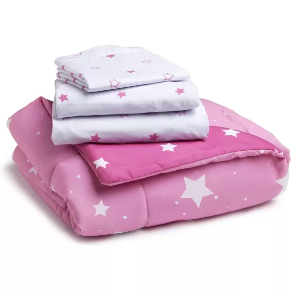 4 Piece Toddler Bedding Set for Girls - Reversible 2-in-1 Comforter - Includes Fitted Comforter to Keep Little Ones Snug, Bottom Sheet, Top Sheet, Pillow Case - Purple Stars Night