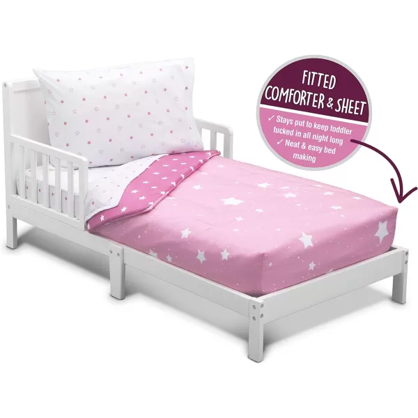 4 Piece Toddler Bedding Set for Girls - Reversible 2-in-1 Comforter - Includes Fitted Comforter to Keep Little Ones Snug, Bottom Sheet, Top Sheet, Pillow Case - Purple Stars Night