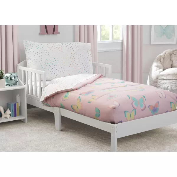 4 Piece Toddler Bedding Set for Girls - Reversible 2-in-1 Comforter - Includes Fitted Comforter to Keep Little Ones Snug, Bottom Sheet, Top Sheet, Pillow Case - Purple Stars Night