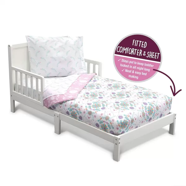 4 Piece Toddler Bedding Set for Girls - Reversible 2-in-1 Comforter - Includes Fitted Comforter to Keep Little Ones Snug, Bottom Sheet, Top Sheet, Pillow Case - Purple Stars Night