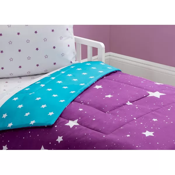 4 Piece Toddler Bedding Set for Girls - Reversible 2-in-1 Comforter - Includes Fitted Comforter to Keep Little Ones Snug, Bottom Sheet, Top Sheet, Pillow Case - Purple Stars Night