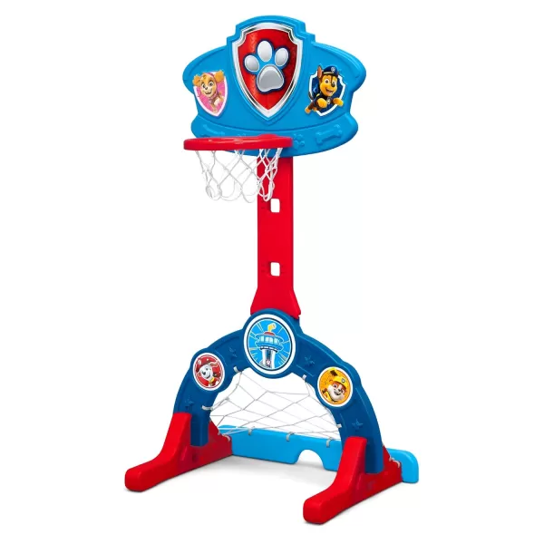 Delta Children - PAW Patrol 4-in-1 Sports Center – Adjustable Easy Score Basketball Hoop, Soccer/Hockey Net and Golf Game, Blue