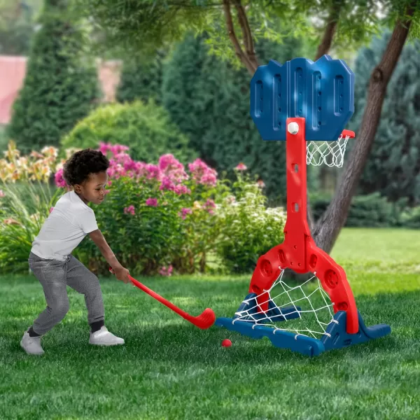 Delta Children - PAW Patrol 4-in-1 Sports Center – Adjustable Easy Score Basketball Hoop, Soccer/Hockey Net and Golf Game, Blue