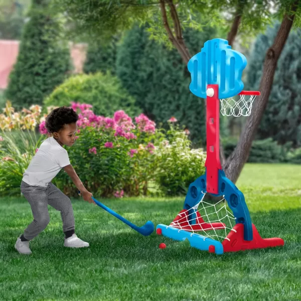 Delta Children - PAW Patrol 4-in-1 Sports Center – Adjustable Easy Score Basketball Hoop, Soccer/Hockey Net and Golf Game, Blue