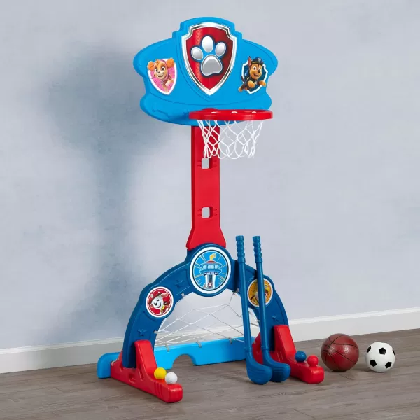 Delta Children - PAW Patrol 4-in-1 Sports Center – Adjustable Easy Score Basketball Hoop, Soccer/Hockey Net and Golf Game, Blue