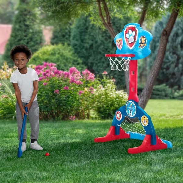 Delta Children - PAW Patrol 4-in-1 Sports Center – Adjustable Easy Score Basketball Hoop, Soccer/Hockey Net and Golf Game, Blue
