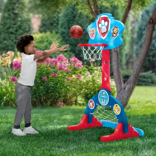 Delta Children - PAW Patrol 4-in-1 Sports Center – Adjustable Easy Score Basketball Hoop, Soccer/Hockey Net and Golf Game, Blue