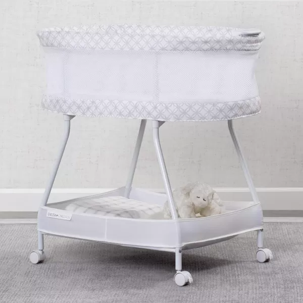 Delta Children Sweet Dreams Bassinet with Airflow Mesh Bedside Portable Crib with Vibration Lights and Music, Grey Infinity