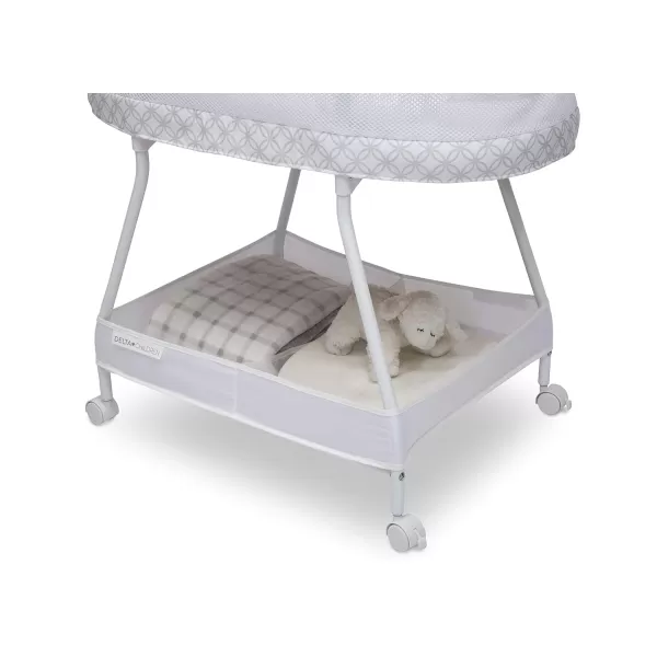 Delta Children Sweet Dreams Bassinet with Airflow Mesh Bedside Portable Crib with Vibration Lights and Music, Grey Infinity