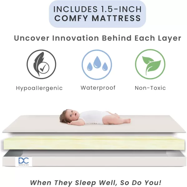 Emery Mini Convertible Baby Crib with 2.75-inch Mattress, Bianca White