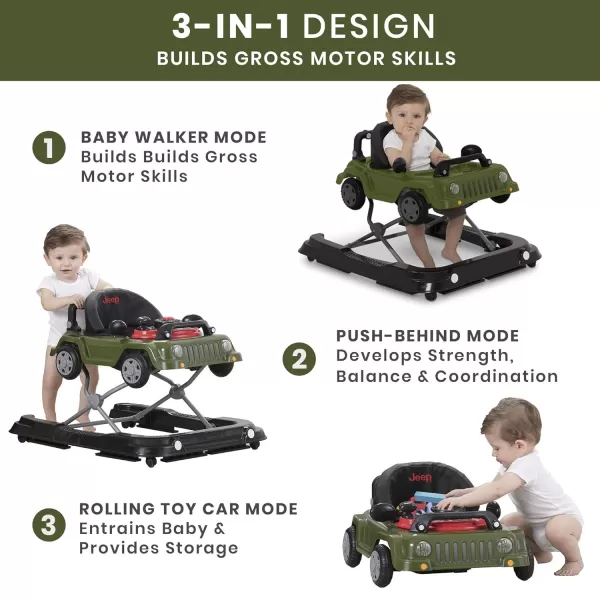 Jeep Classic Wrangler 3-in-1 Grow With Me Activity Walker - Features Music, Lights, Removable Play Tray, Push Walker Mode, Converts into Rolling Car Toy, Anniversary Green