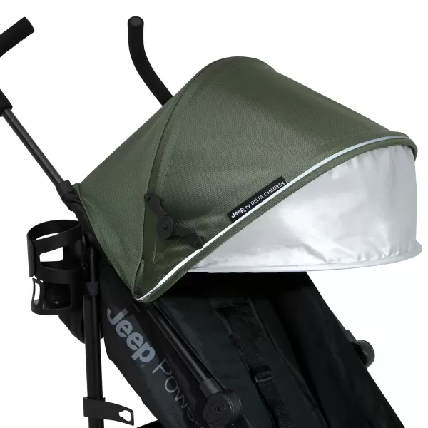 Jeep PowerGlyde Stroller by Delta Children - Lightweight Travel Stroller with Smoothest Ride &amp; Compact Fold, 3-Position Recline, Extra Large Storage Basket, Olive Green