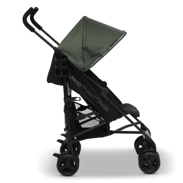Jeep PowerGlyde Stroller by Delta Children - Lightweight Travel Stroller with Smoothest Ride &amp; Compact Fold, 3-Position Recline, Extra Large Storage Basket, Olive Green