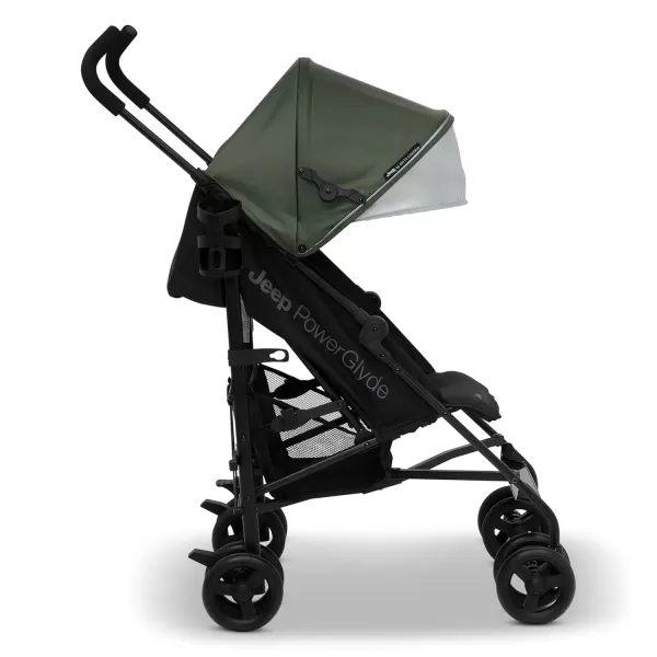 Jeep PowerGlyde Stroller by Delta Children - Lightweight Travel Stroller with Smoothest Ride &amp; Compact Fold, 3-Position Recline, Extra Large Storage Basket, Olive Green
