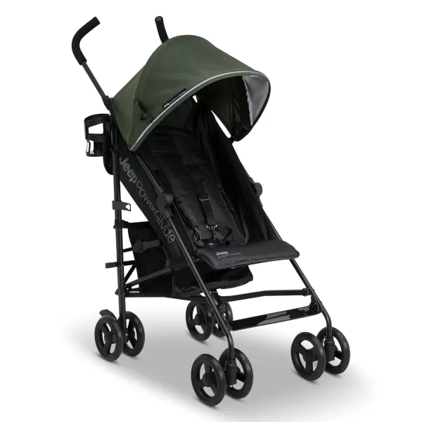 Jeep PowerGlyde Stroller by Delta Children - Lightweight Travel Stroller with Smoothest Ride &amp; Compact Fold, 3-Position Recline, Extra Large Storage Basket, Olive Green